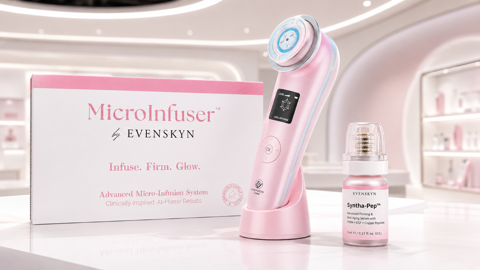 EvenSkyn Lumo radiofrequency handset beside the MicroInfuser micro-infusion stamping device on a plain surface. EvenSkyn Lumo radiofrequency handset beside the MicroInfuser micro-infusion stamping device on a plain surface.