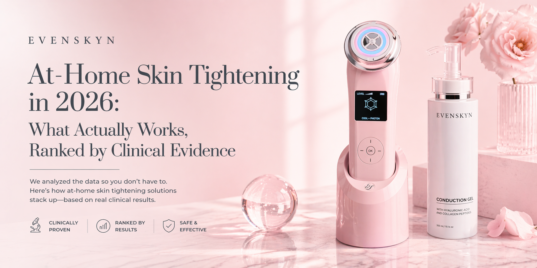 EvenSkyn Lumo+ multi-modal RF and EMS device for at-home skin tightening, positioned as a clinical-grade alternative to Thermage and Ultherapy for jawline and neck firmness. EvenSkyn Lumo+ multi-modal RF and EMS device for at-home skin tightening, positioned as a clinical-grade alternative to Thermage and Ultherapy for jawline and neck firmness.