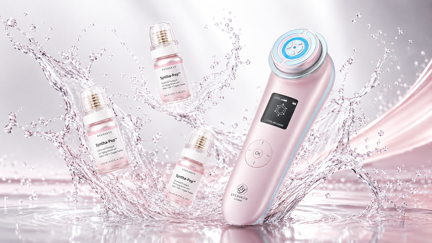Premium at-home skincare tech featuring the EvenSkyn Lumo and a new microinfusion system for clinic-style facial treatments at home.