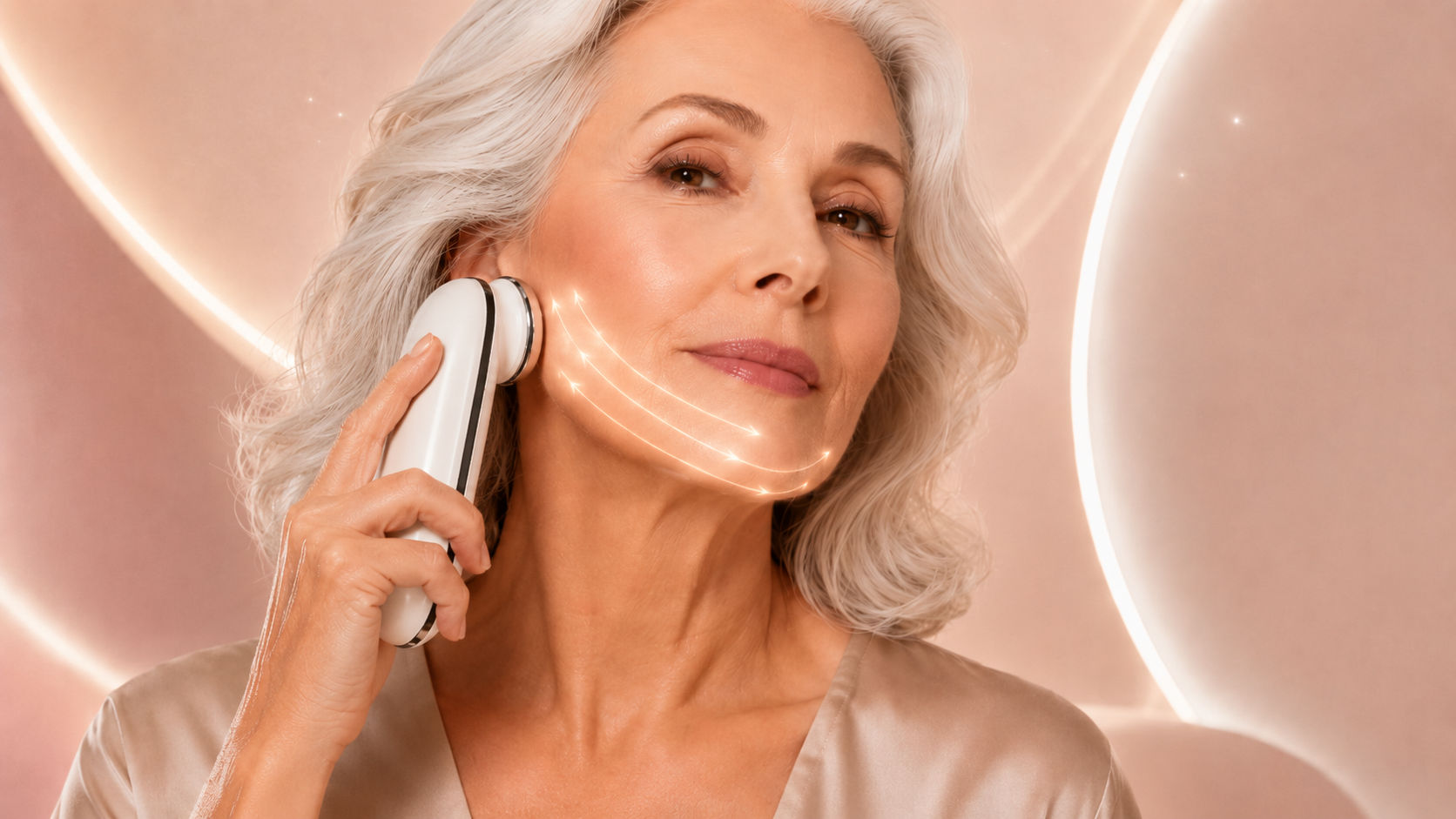 Closeup of a woman using her face firming and skin tightneing face device at home Closeup of a woman using her face firming and skin tightneing face device at home