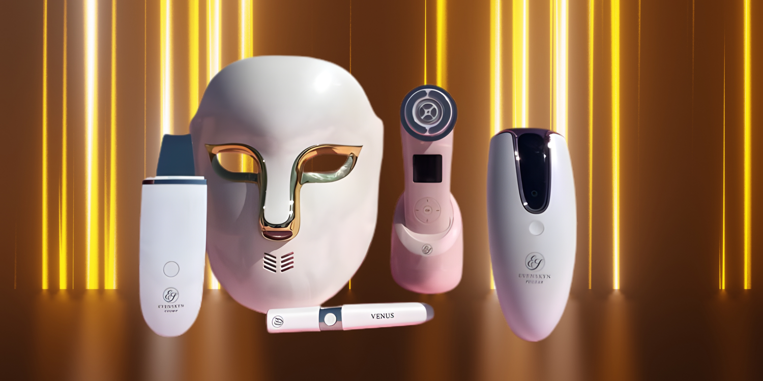 Comparison of EvenSkyn Lumo+, CurrentBody Skin RF Device, and NuFACE Trinity+ at-home facial devices shown side by side