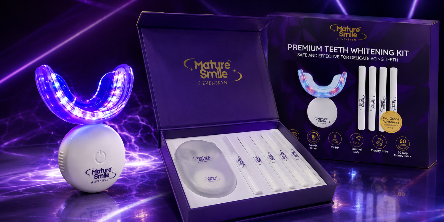 EvenSkyn MatureSmile LED mouthpiece and 6% hydrogen peroxide gel pens for mature, sensitive teeth