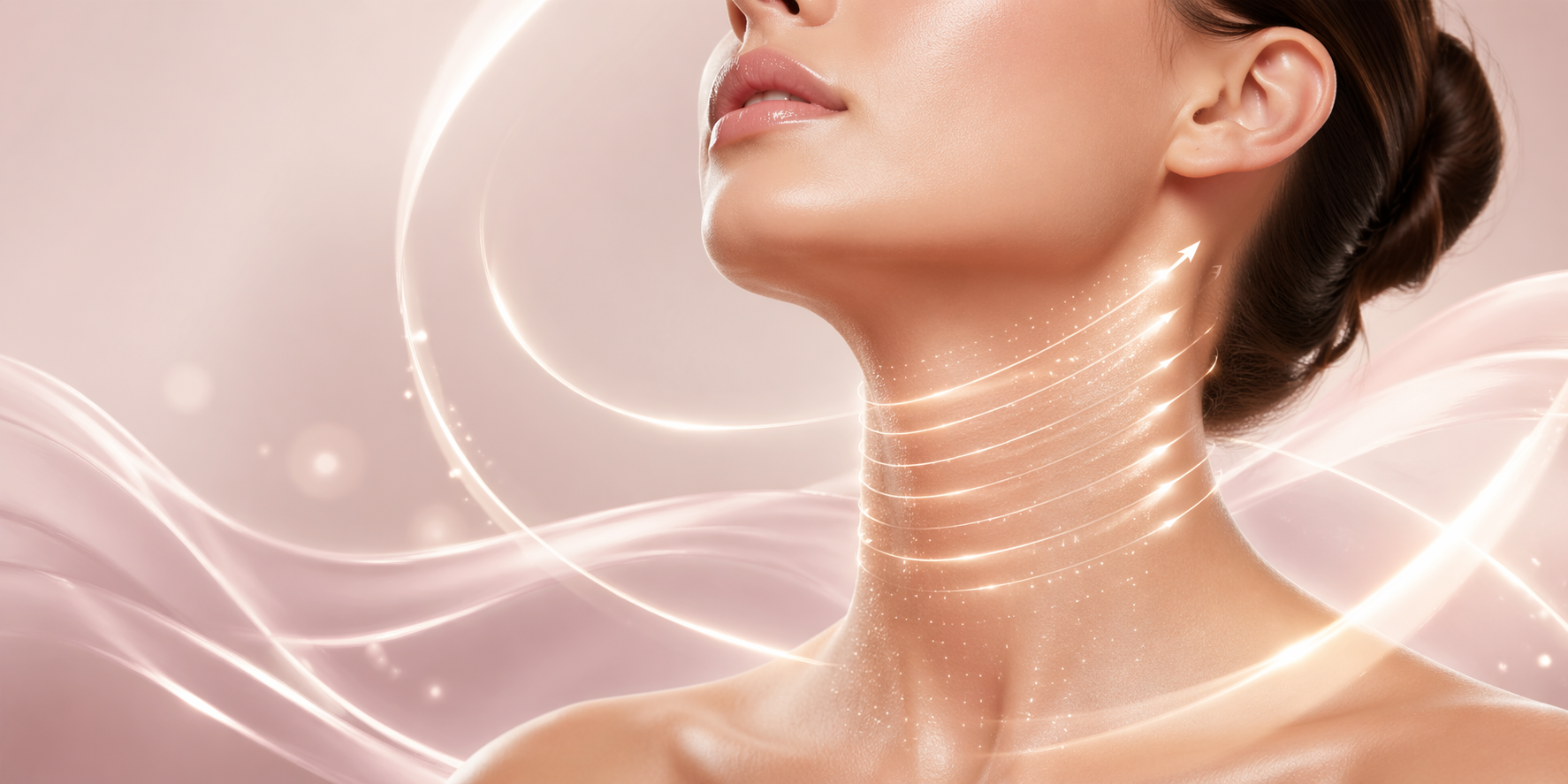 Woman with firm smooth neck skin after consistent at-home RF and red light therapy neck tightening routine Woman with firm smooth neck skin after consistent at-home RF and red light therapy neck tightening routine