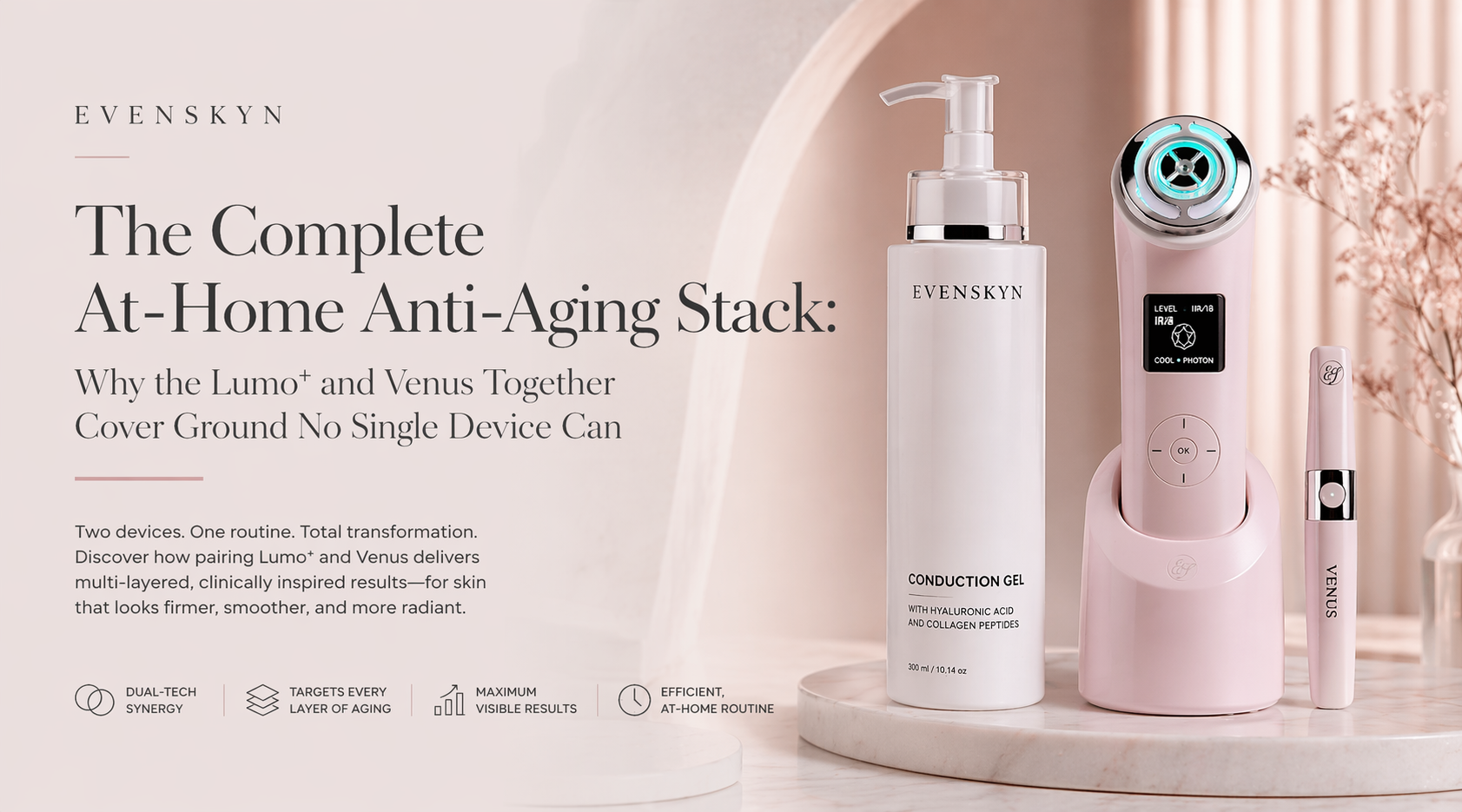 EvenSkyn Lumo⁺ RF skin tightening handset alongside the Venus fractional RF eyelid device, the two-device bundle engineered for complete at-home anti-aging coverage including jawline, neck, nasolabial folds, and periorbital skin. EvenSkyn Lumo⁺ RF skin tightening handset alongside the Venus fractional RF eyelid device, the two-device bundle engineered for complete at-home anti-aging coverage including jawline, neck, nasolabial folds, and periorbital skin.
