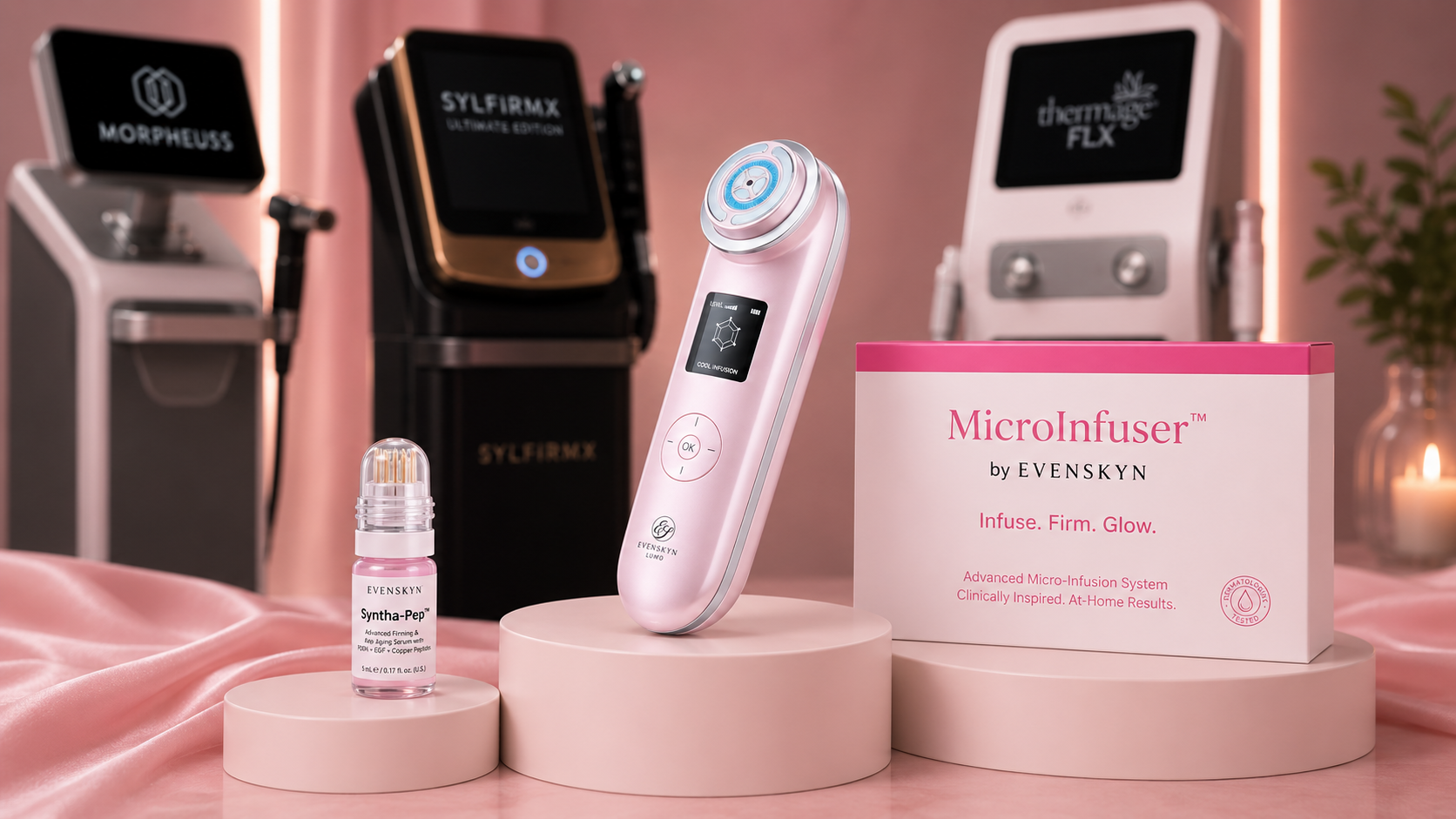 Evenskyn Lumo and MicroInfuser devices displayed in the foreground as the at-home alternative to clinical RF microneedling machines like Morpheus8 and Sylfirm X visible in the clinical background. Evenskyn Lumo and MicroInfuser devices displayed in the foreground as the at-home alternative to clinical RF microneedling machines like Morpheus8 and Sylfirm X visible in the clinical background.