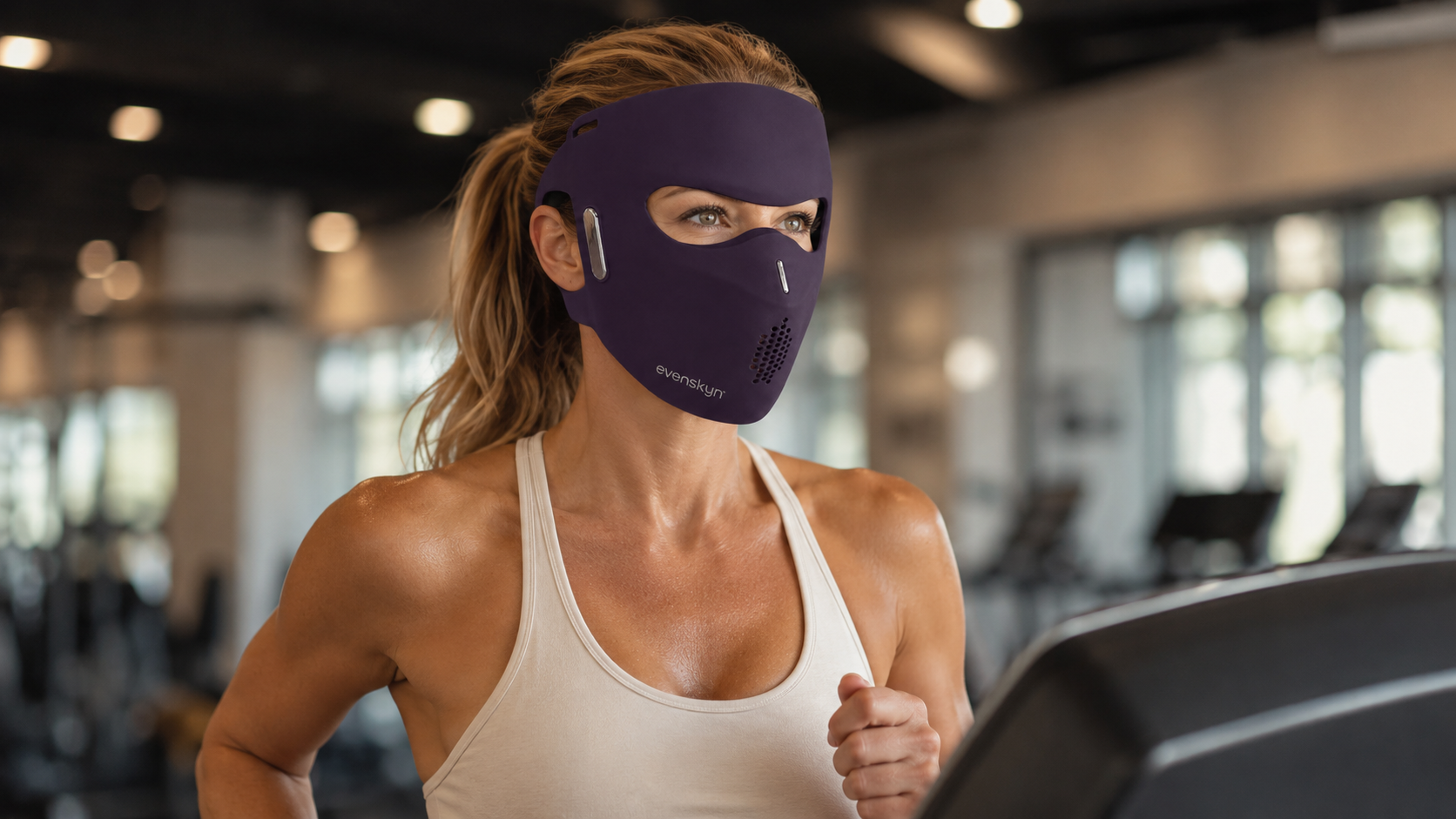 Model wearing the latest evenskyn mirage pro face LED mask for home sure for wrinkle reduction and skin rejuvenation Model wearing the latest evenskyn mirage pro face LED mask for home sure for wrinkle reduction and skin rejuvenation