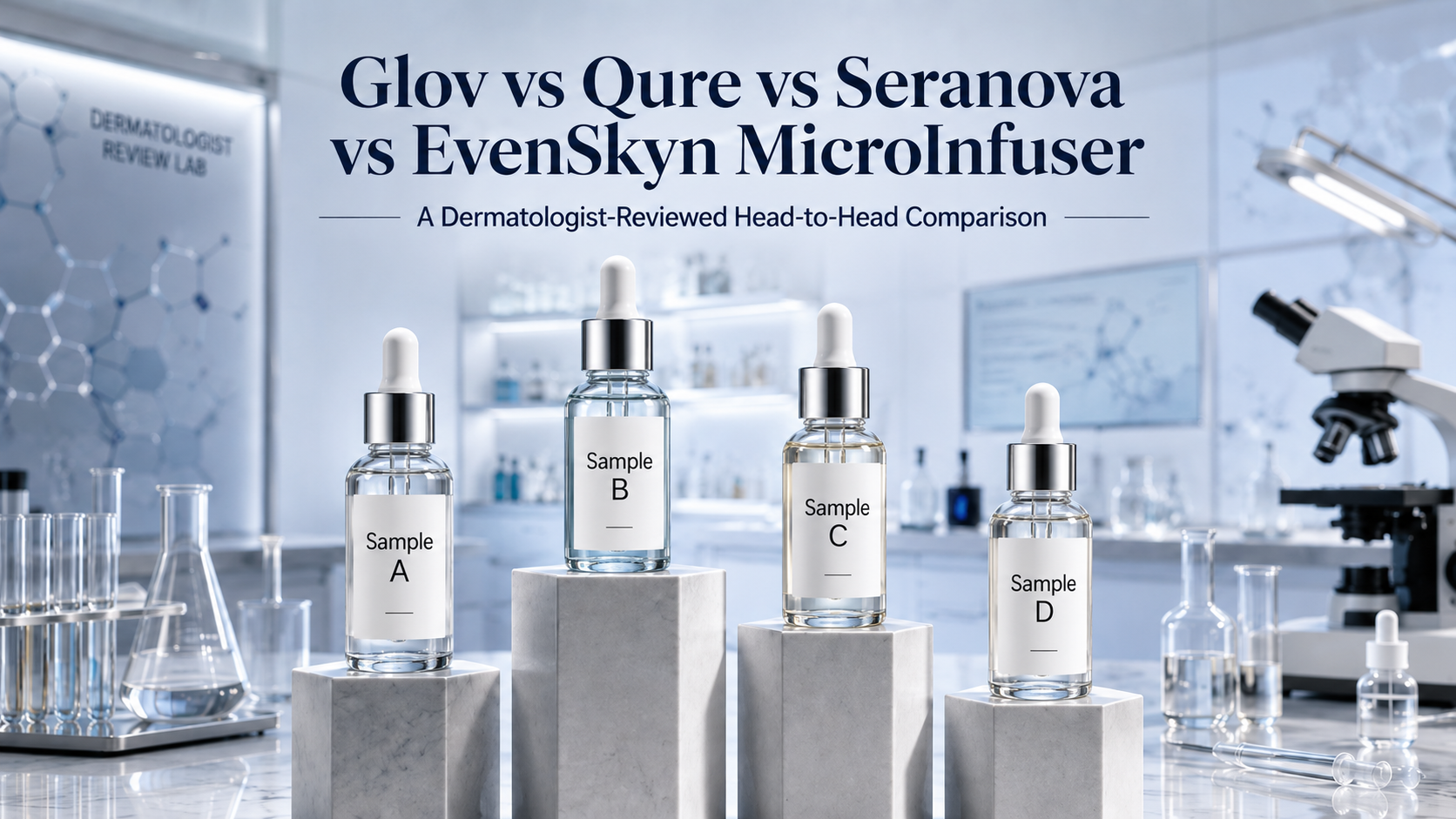Side-by-side comparison of four at-home micro-infusion systems: Qure, Glov Beauty, Seranova, and the EvenSkyn MicroInfuser, with their needle depths and serum architecture labeled. Side-by-side comparison of four at-home micro-infusion systems: Qure, Glov Beauty, Seranova, and the EvenSkyn MicroInfuser, with their needle depths and serum architecture labeled.