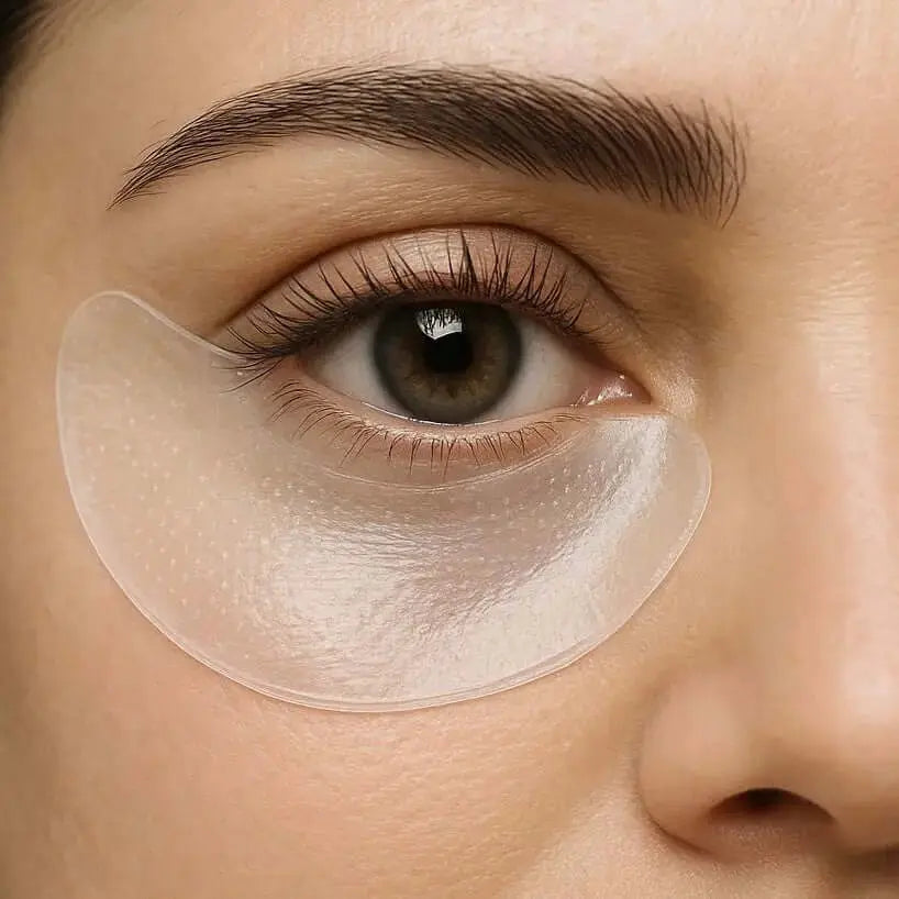 Close-up of under-eye patch for anti-aging skin treatment, promoting skin firming and wrinkle reduction. Close-up of under-eye patch for anti-aging skin treatment, promoting skin firming and wrinkle reduction.