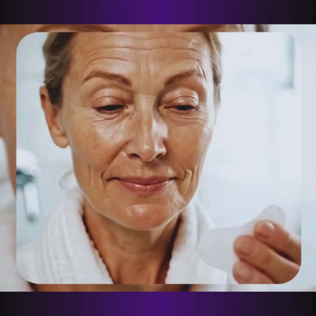 Woman applying under-eye patches for anti-aging, skin tightening, and wrinkle reduction.