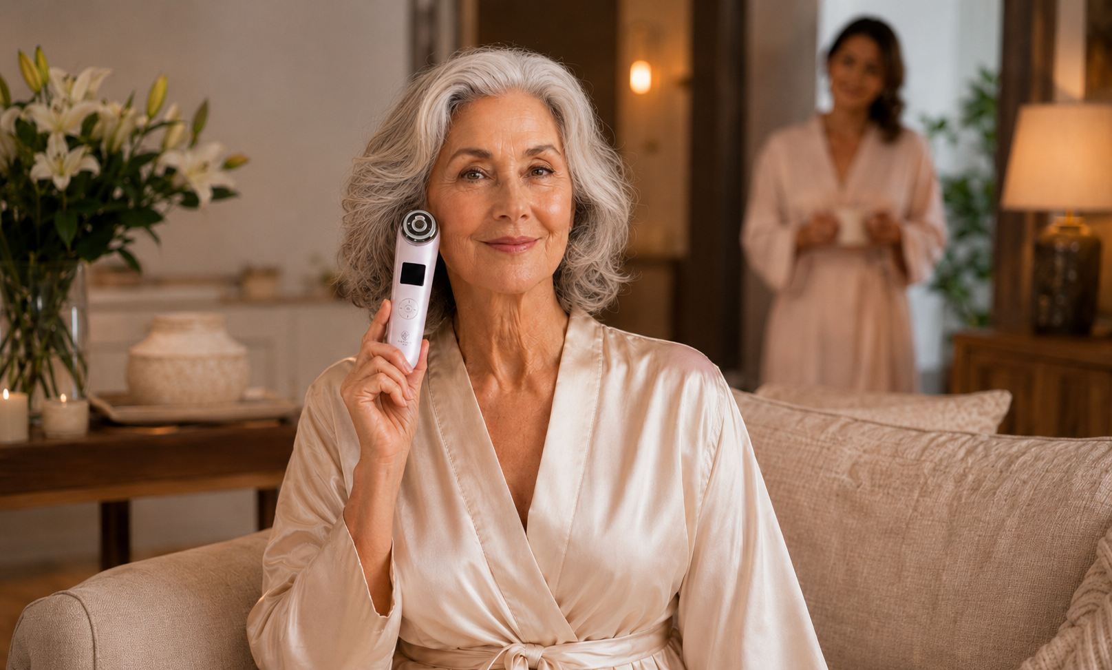 Older woman in a satin robe holding the EvenSkyn Lumo skincare device beside her face in a cozy living room, with a blurred woman in the background. 