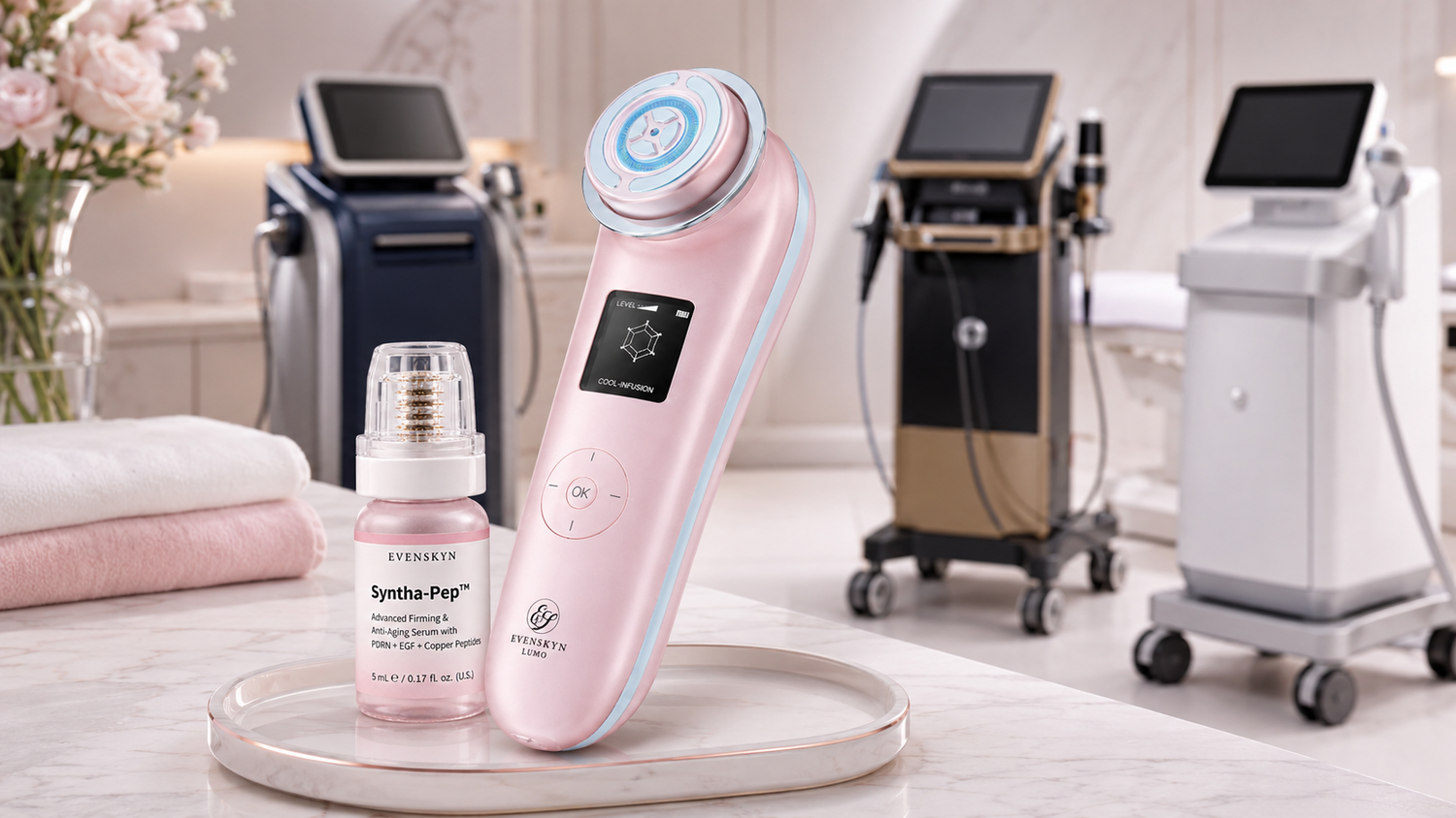 EvenSkyn Lumo radiofrequency handset and a single-use micro-infusion stamp shown together, illustrating the at-home unbundling of clinic RF microneedling into two separate steps