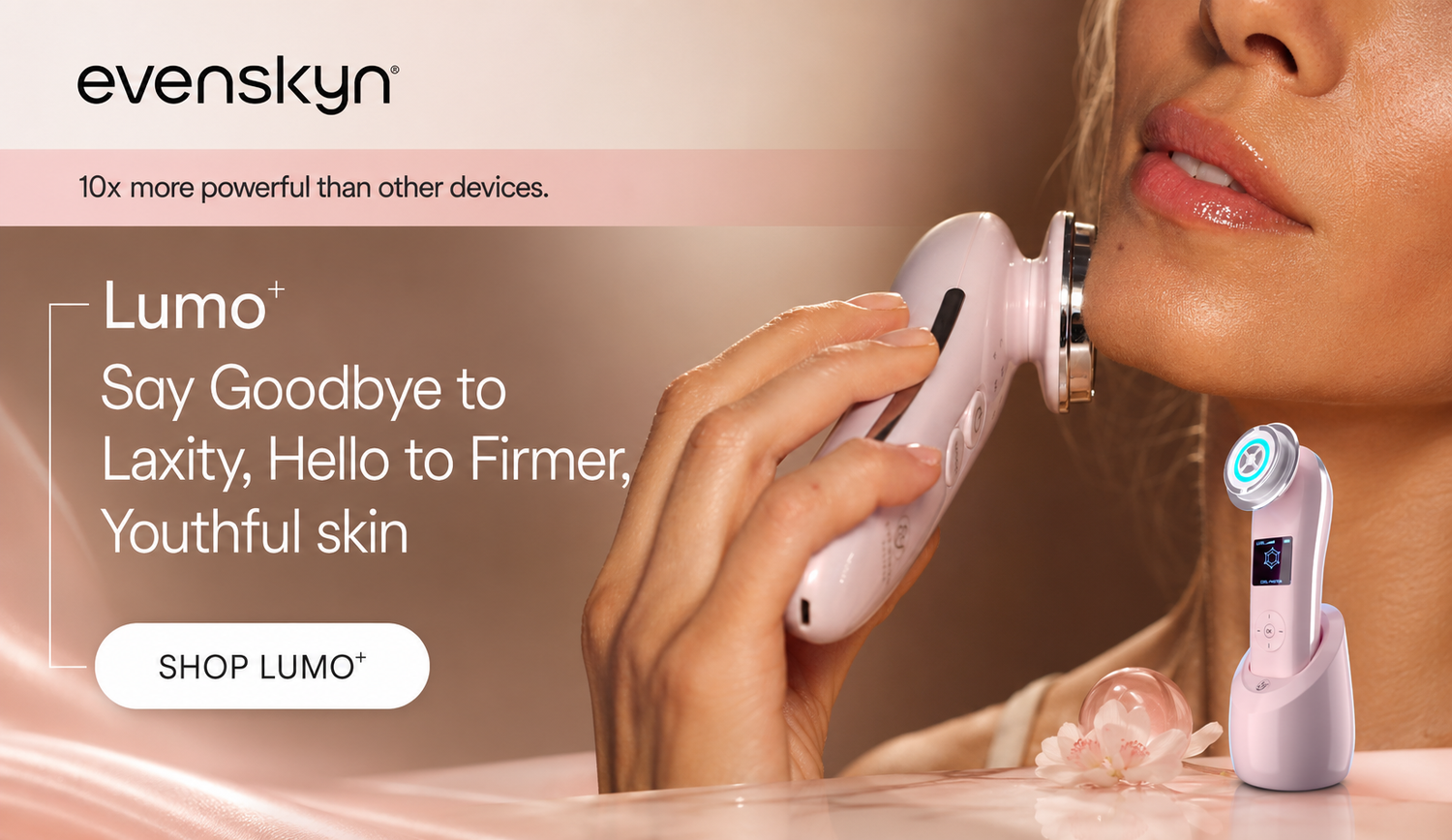 Woman using alternative to ultherapy: Lumo at-home facial device