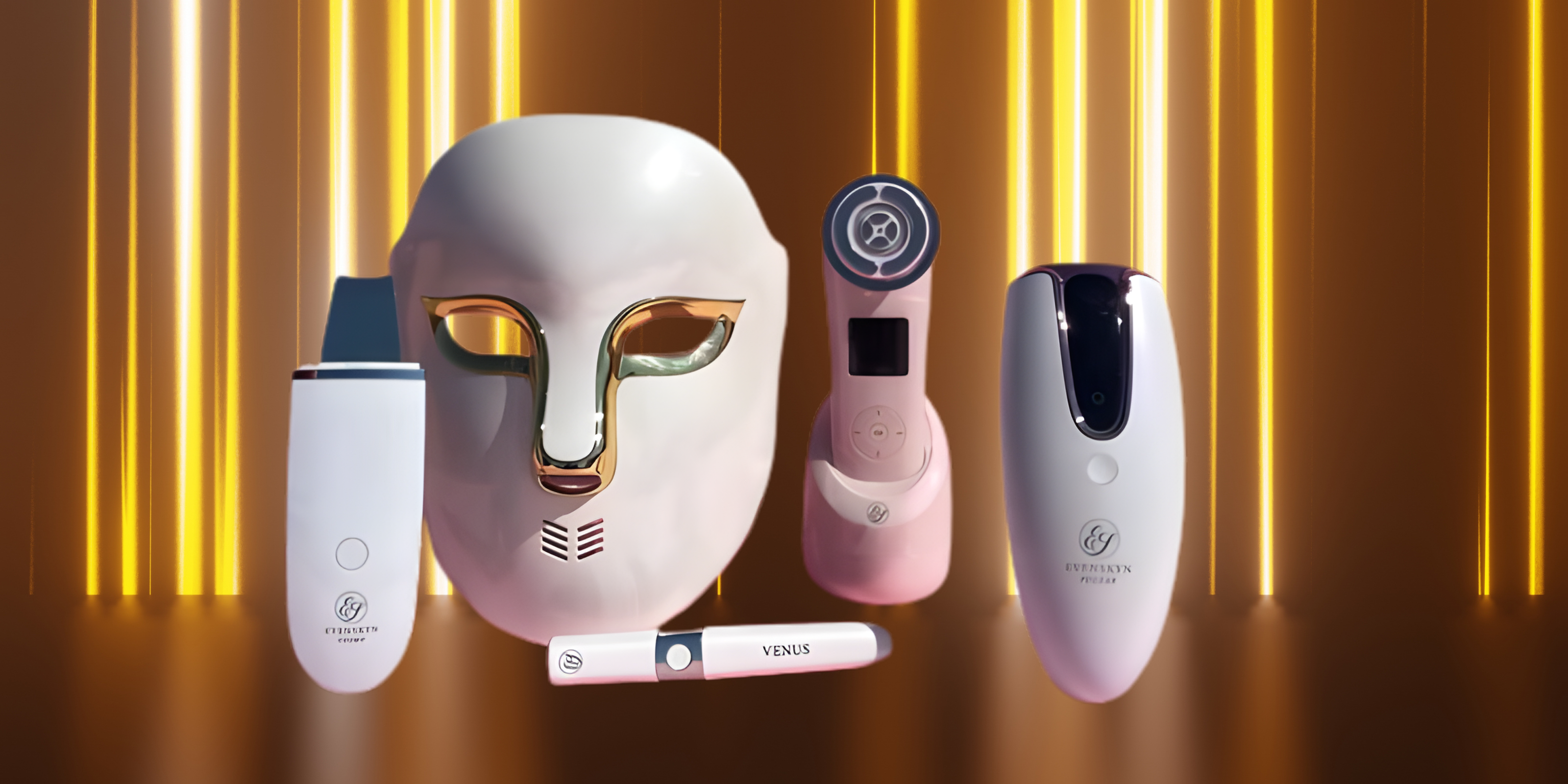 Comparison of EvenSkyn Lumo+, CurrentBody Skin RF Device, and NuFACE Trinity+ at-home facial devices shown side by side