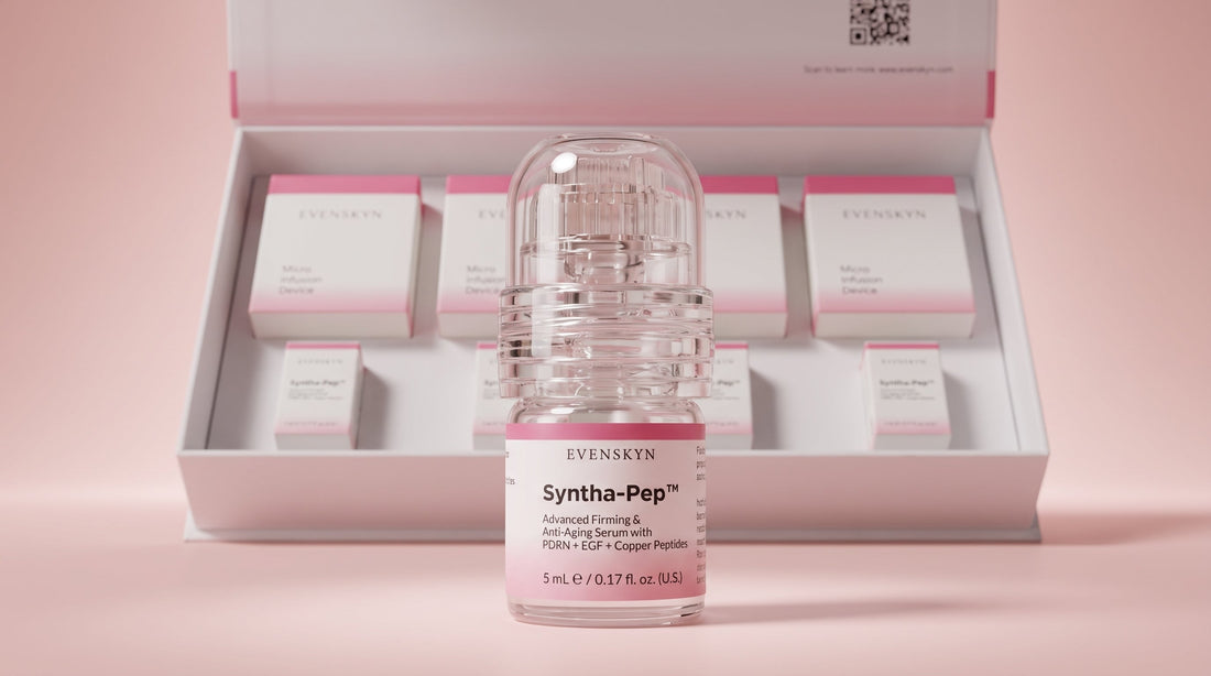 EvenSkyn Syntha-Pep PDRN serum bottle and MicroInfuser kit packaging