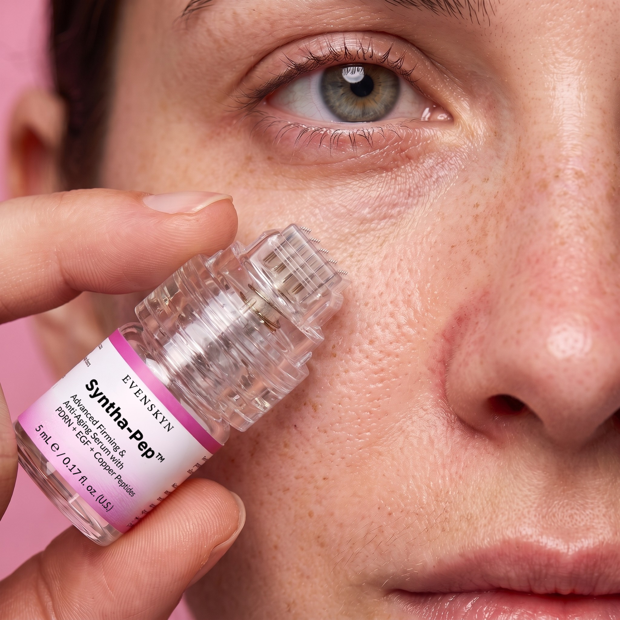Close-up of the MicroInfuser applicator held near the under-eye area, Syntha-Pep label visible