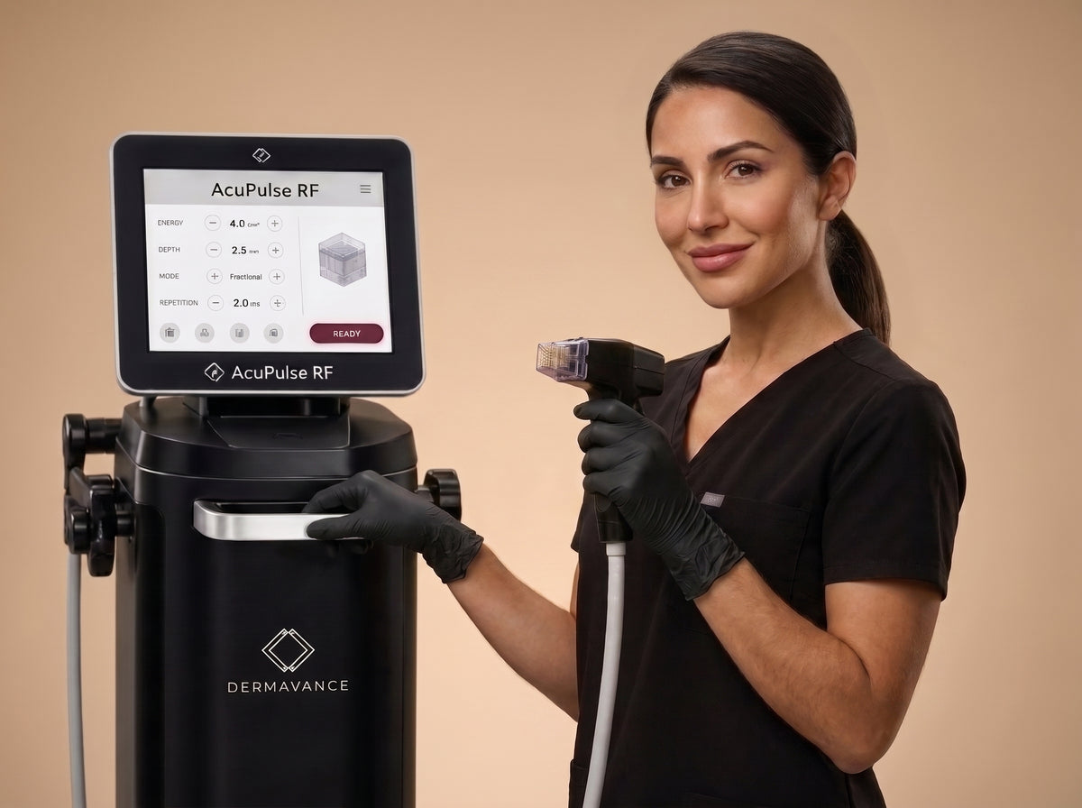 Clinician in scrubs beside an in-clinic radiofrequency microneedling machine
