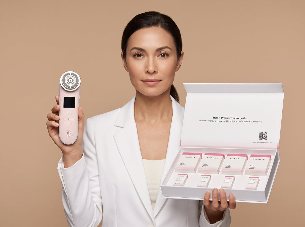 Woman holding the Lumo Plus RF handset and the open MicroInfuser kit