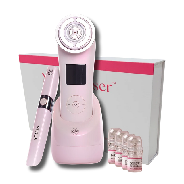 Prize 2: Lumo handset in its pink charging dock, Venus eye device and MicroInfuser kit with four Syntha-Pep serum vials, in front of the MicroInfuser box
