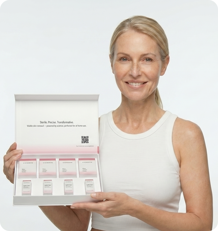 Smiling woman holding an open EvenSkyn MicroInfuser kit box showing the Syntha-Pep serum ampoules
