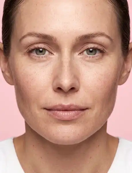 Face map: seven numbered stamping zones with sweep arrows, hatched no-stamp areas over the eyes and lips