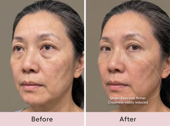 Before and after comparison, front view of a woman's under-eye area