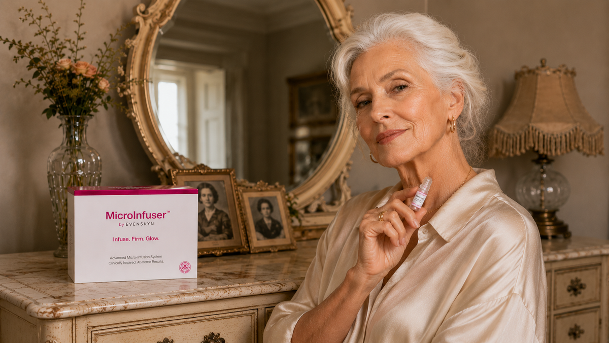 Woman at her vanity with the MicroInfuser kit, skin bare after a session